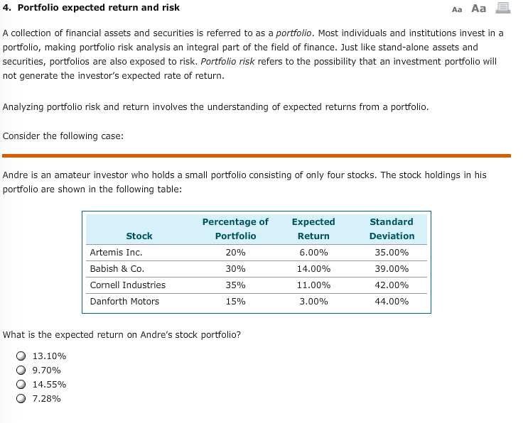  4. Portfolio expected return and risk Aa Aa A collection of