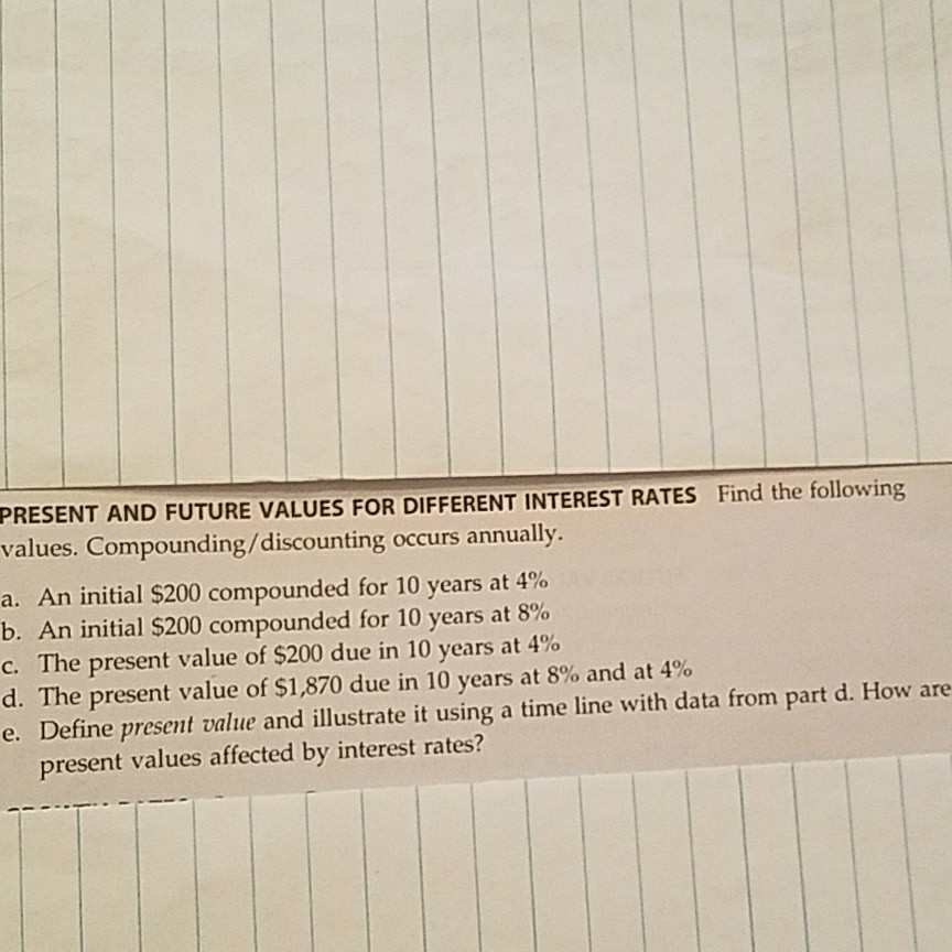 PRESENT AND FUTURE VALUES FOR DIFFERENT INTEREST RATES Find the following