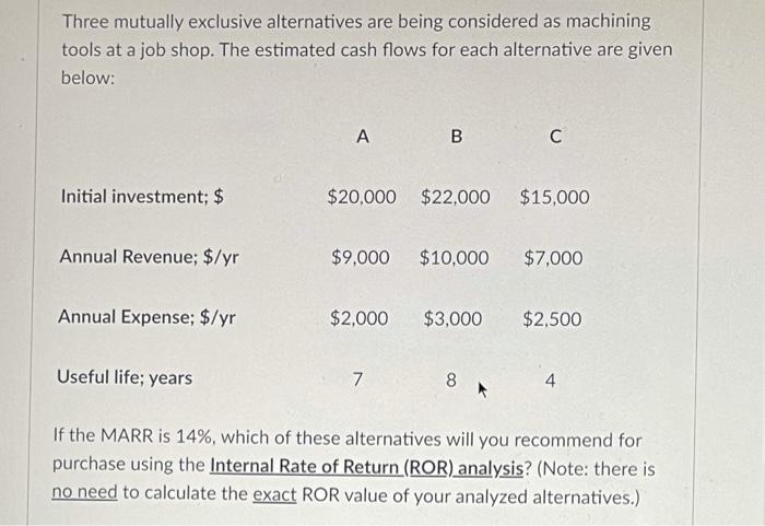 show hand written work no excel Three mutually exclusive alternatives are being