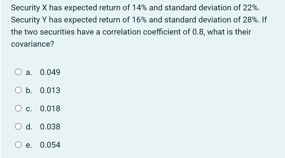  Security X has expected return of 14% and standard deviation of