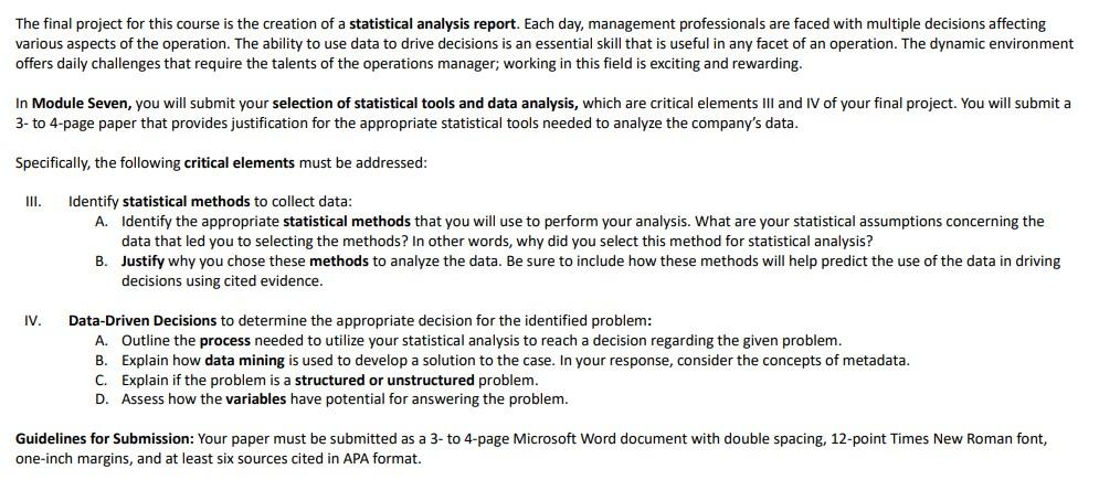Statistical Methods and Data Mining The final project for this course is