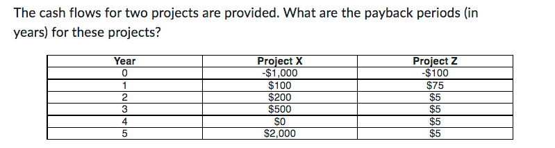  The cash flows for two projects are provided. What are the