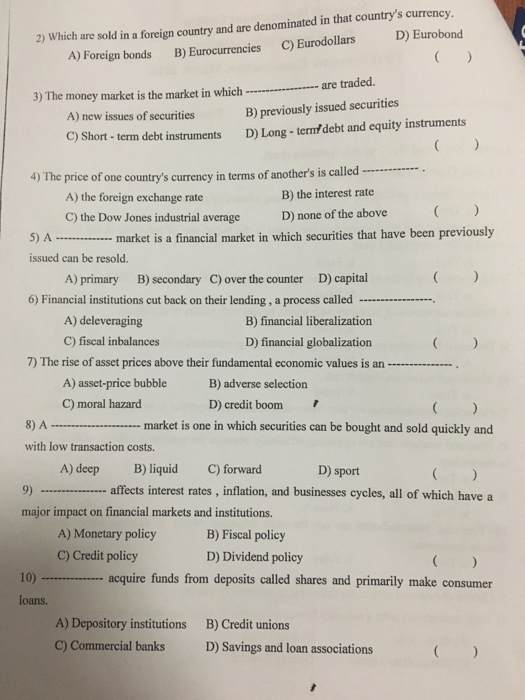 No: Financial Institutions and Markets Part (B) Answer No. 6 and No.