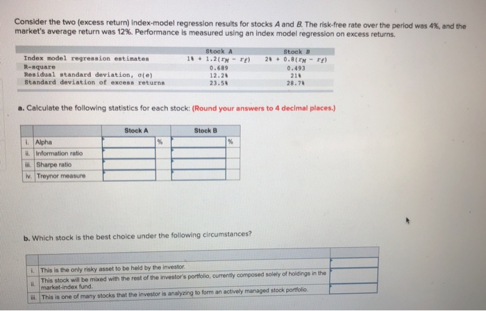  Consider the two (excess return) index-model regression results for stocks A