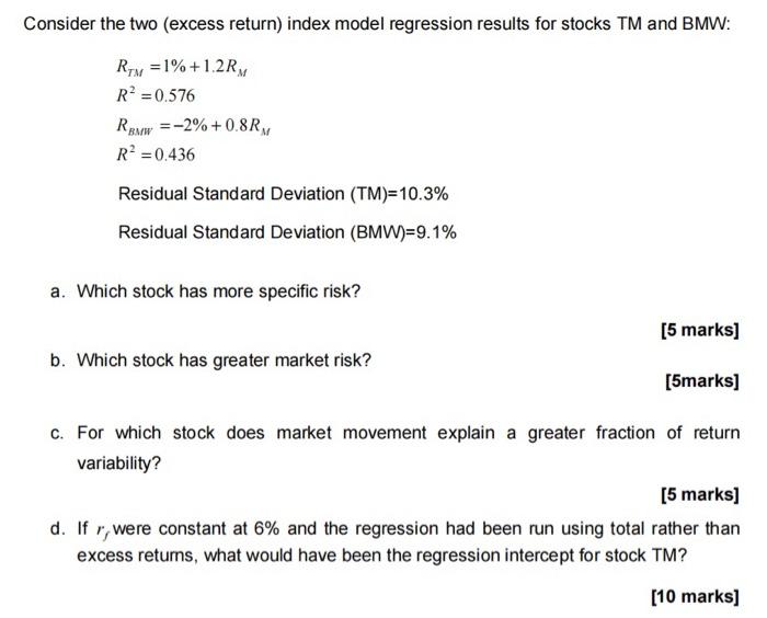  Consider the two (excess return) index model regression results for stocks