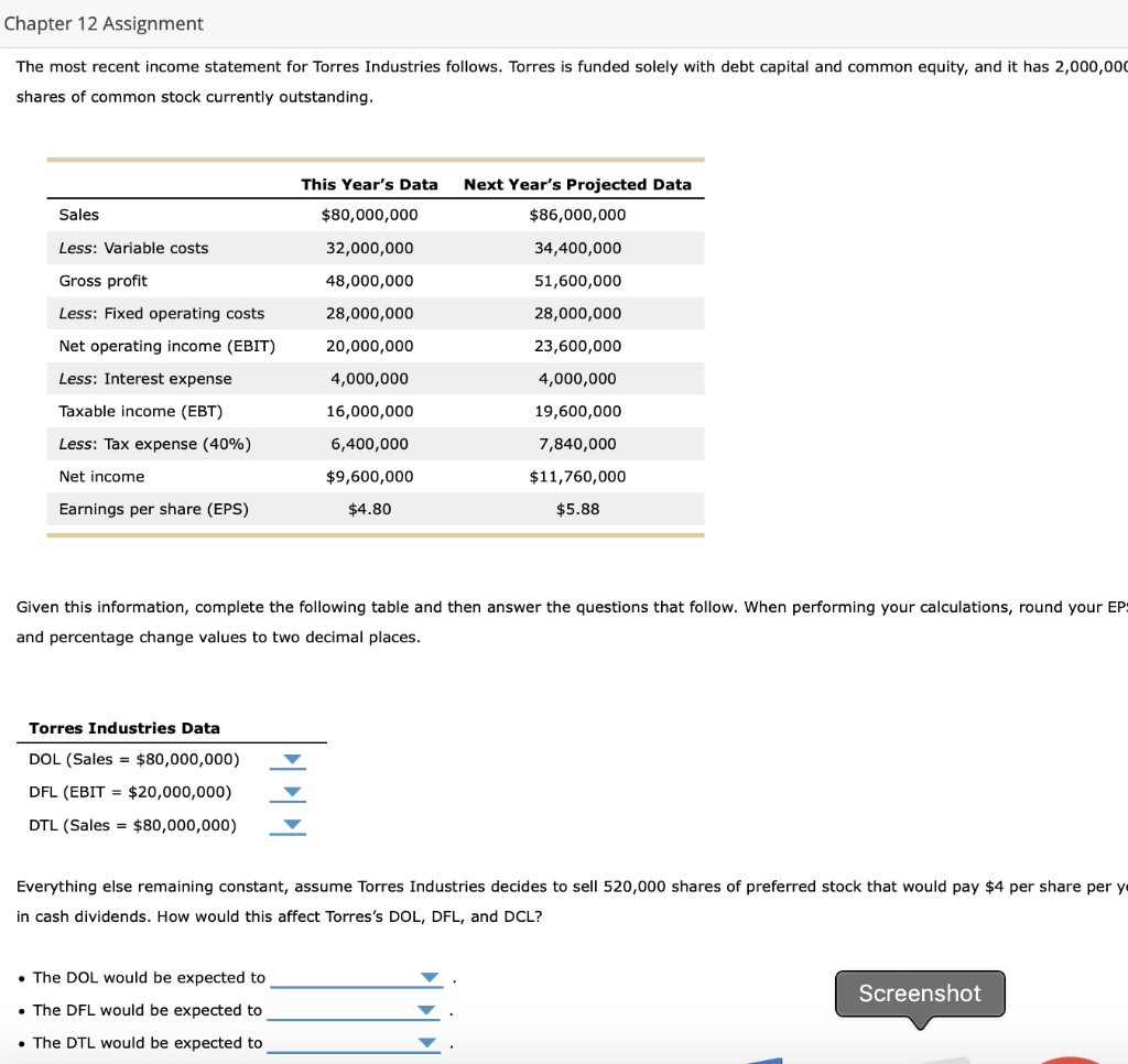  Chapter 12 Assignment The most recent income statement for Torres Industries