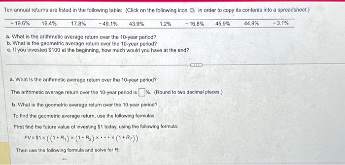 a. What is the arithmetic average retum over the 10 -year