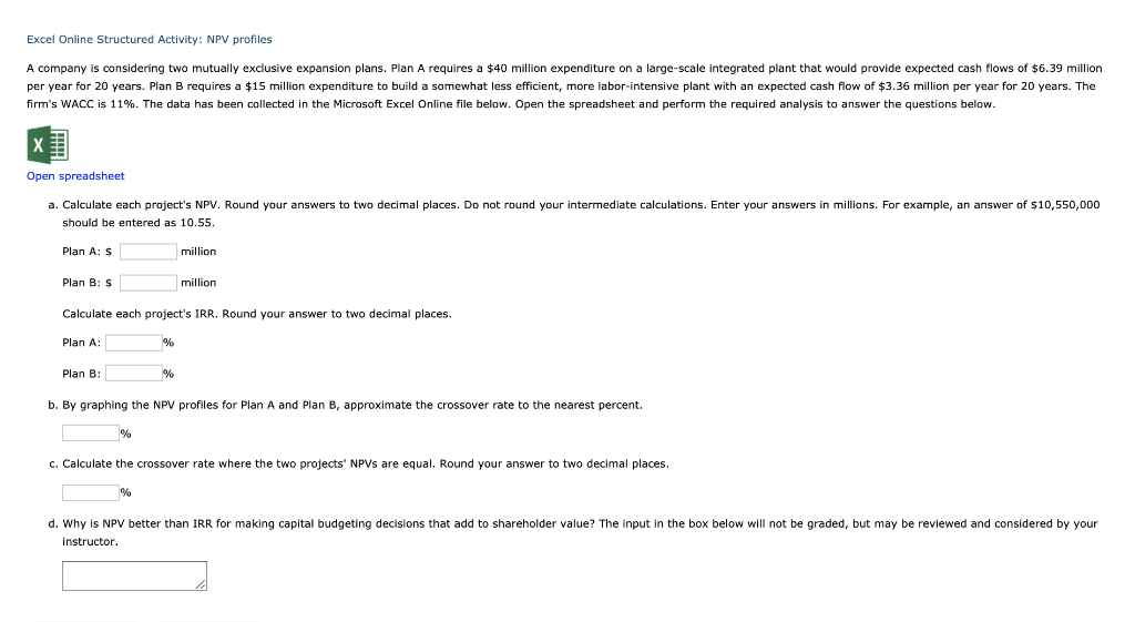  Excel Online Structured Activity: NPV profiles Open spreadsheet should be entered