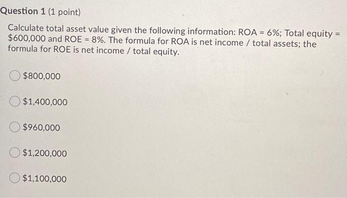  Question 1 (1 point) Calculate total asset value given the following