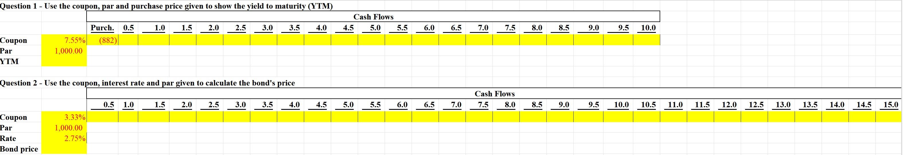 Using excel formulas and the info given, solve to show answer in