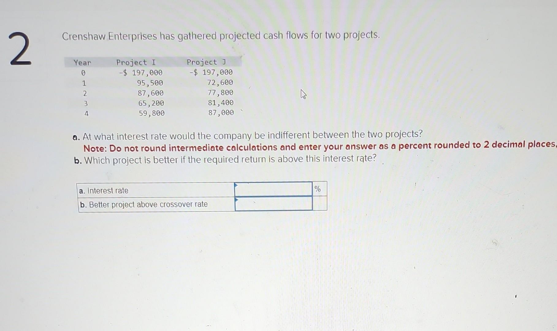 Crenshaw Enterprises has gathered projected cash flows for two projects. a.