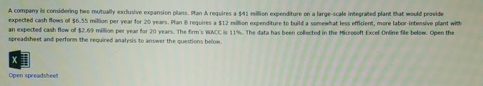 A company is considering two mutually exclusive expansion plans. Plan A
