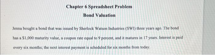  Chapter 6 Spreadsheet Problem Bond Valuation Jenna bought a bond that
