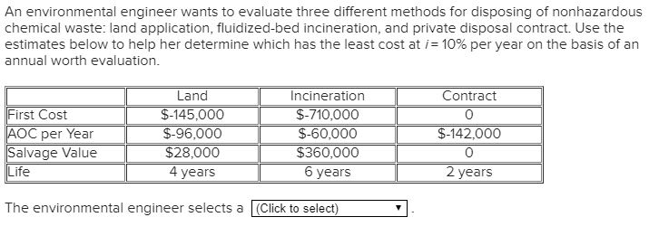 An environmental engineer wants to evaluate three different methods for disposing