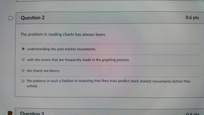  DQuestion 2 0.6 pts The problem in reading charts has always