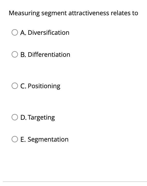 please answer these Measuring segment attractiveness relates to O A. Diversification B.