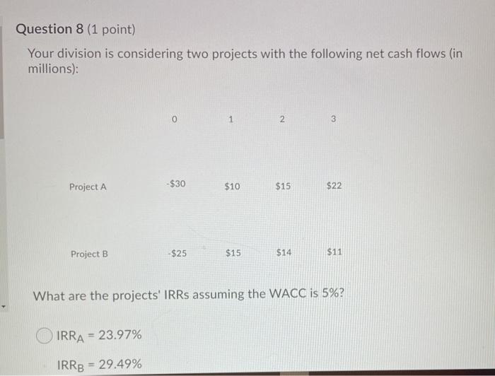  Question 8 (1 point) Your division is considering two projects with