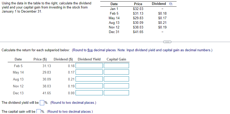 Date Dividende Using the data in the table to the right,