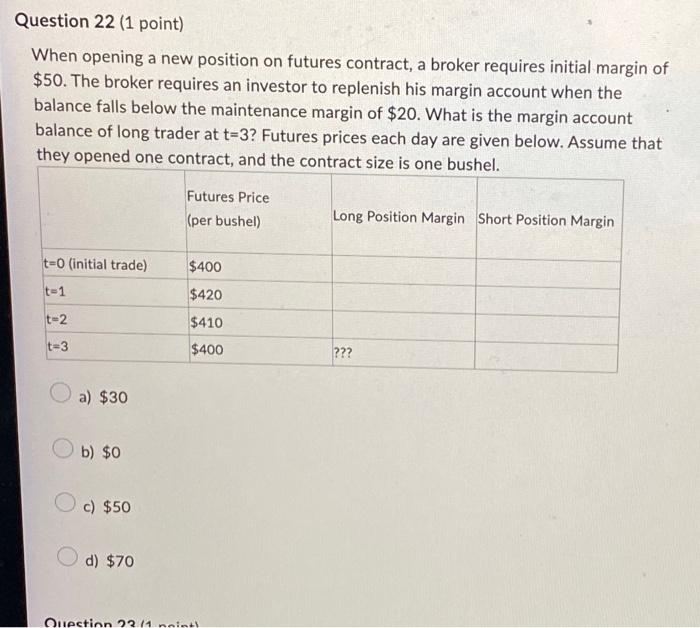  Question 22 (1 point) When opening a new position on futures