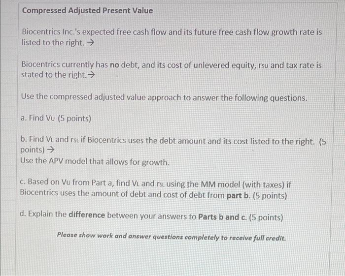  Compressed Adjusted Present Value Biocentrics Inc.'s expected free cash flow and