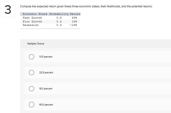  Compute the expected return given these three economic states, their likelihoods,
