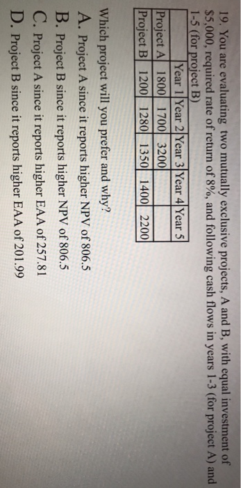  19. You are evaluating two mutually exclusive projects, A and B,
