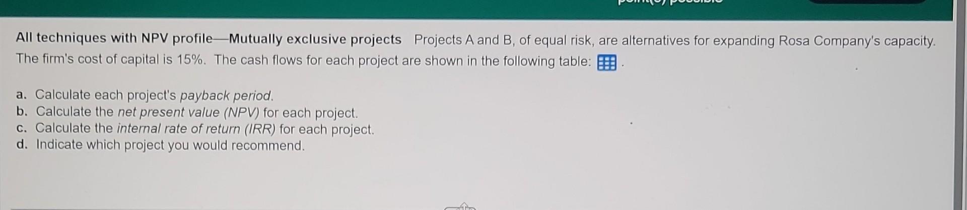  All techniques with NPV profile-Mutually exclusive projects Projects A and B,