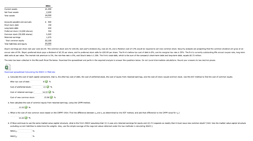 If Skye continues to use the same market-value capital structure, what is