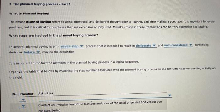 i need help with the table please!thank you:) 2. The planned buying