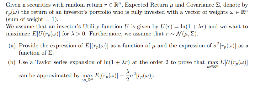  Given n securities with random return r e R, Expected Return