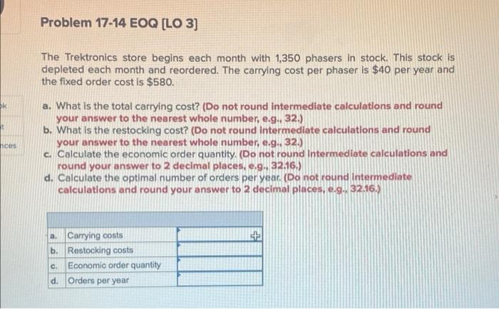  t nces Problem 17-14 EOQ [LO 3] The Trektronics store begins