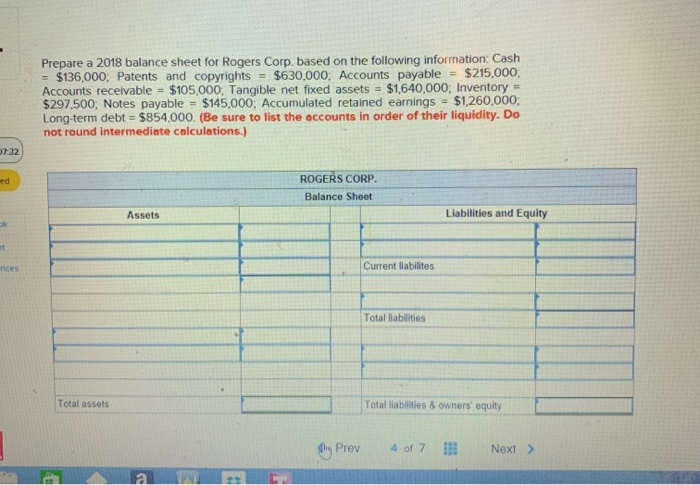  Prepare a 2018 balance sheet for Rogers Corp. based on the