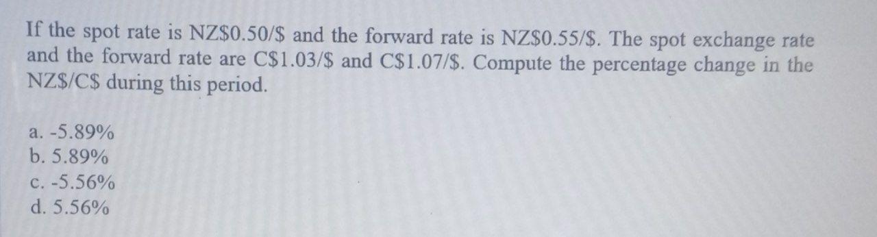 Please select correct option with explanation If the spot rate is NZ\$0.50/\$