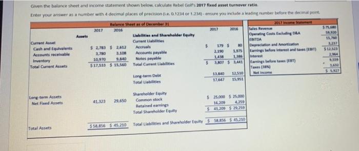  Given the balance sheet and income statement shown below, calculate Rebel
