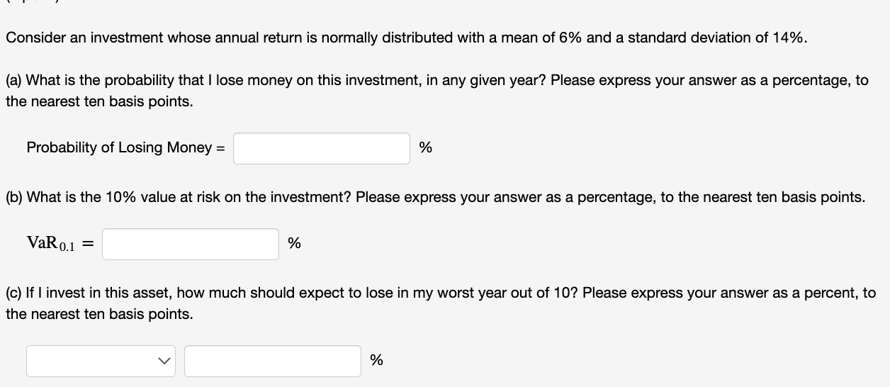 Consider an investment whose annual return is normally distributed with a mean