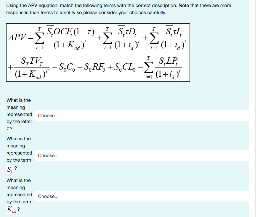 Using the APV equation, match the following terms with the correct