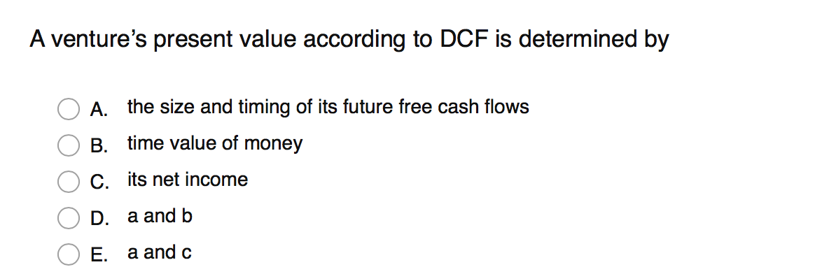  A venture's present value according to DCF is determined by O