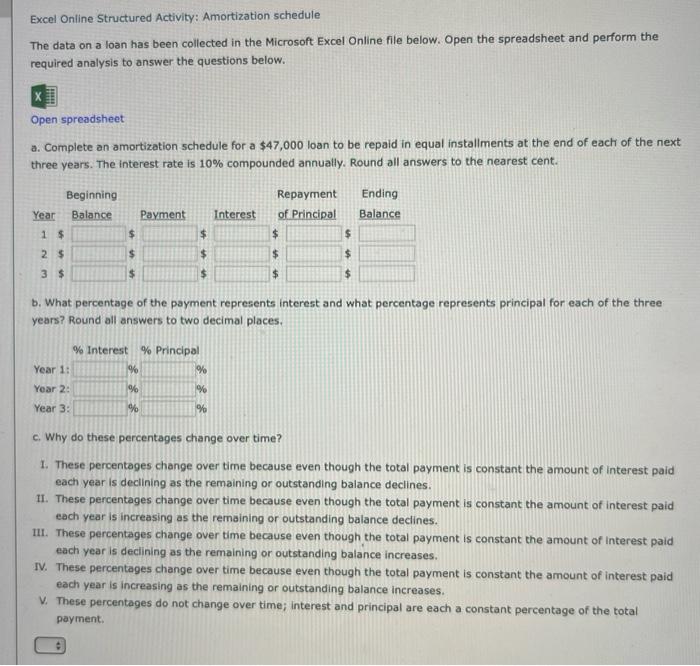  Excel Online Structured Activity: Amortization schedule The data on a loan
