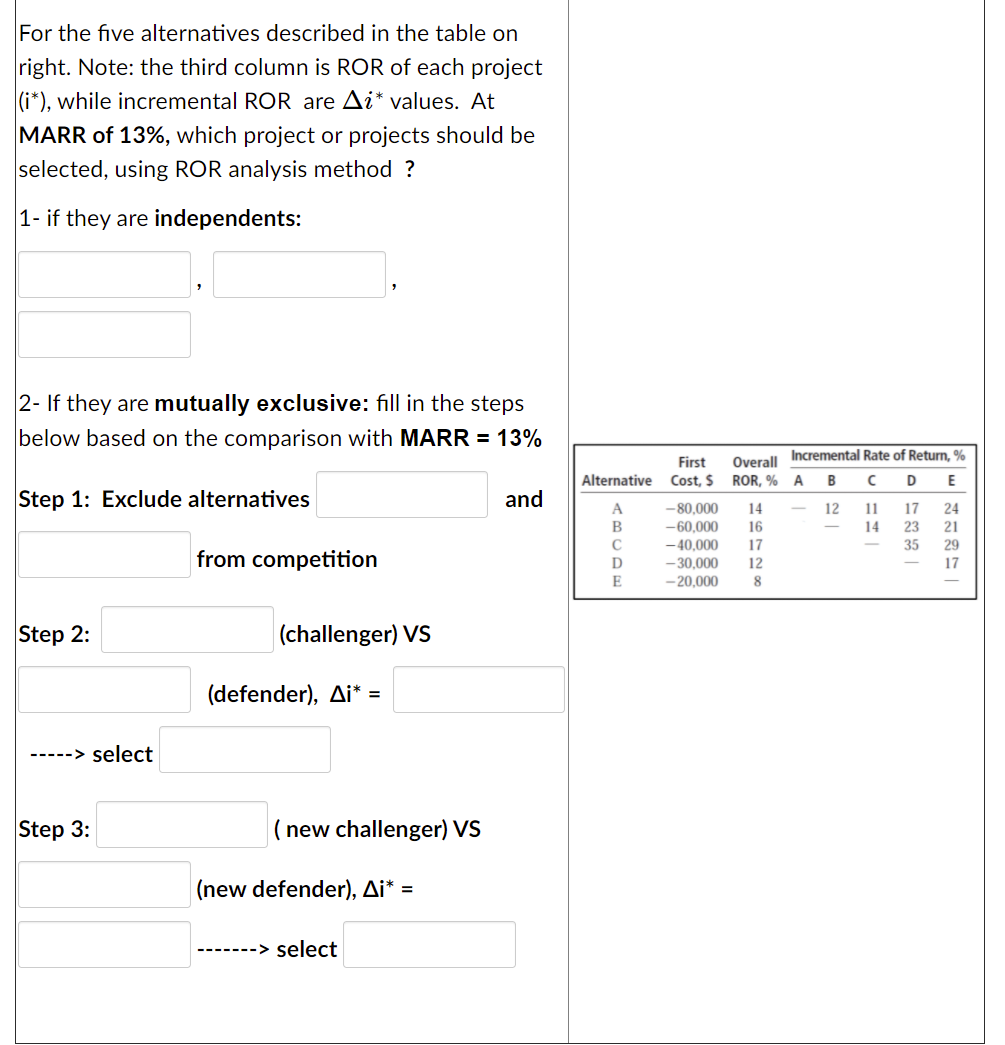 For the five alternatives described in the table on right. Note: