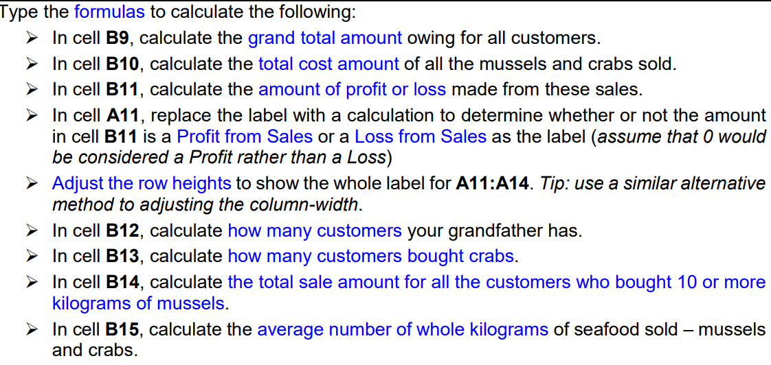  Can you please provide EXCEL formulas for the calculations as mentioned