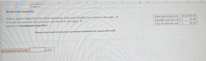  A 5 5 points Break-Even Quantity Sherry Spirits Global Inc has