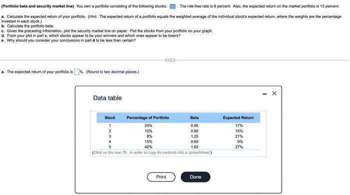 solve for a-e show all steps (Portfolio beta and security market line)