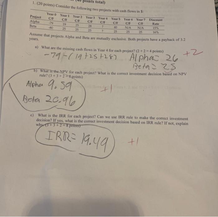  points total) 1. (20 points) Consider the following two projects with