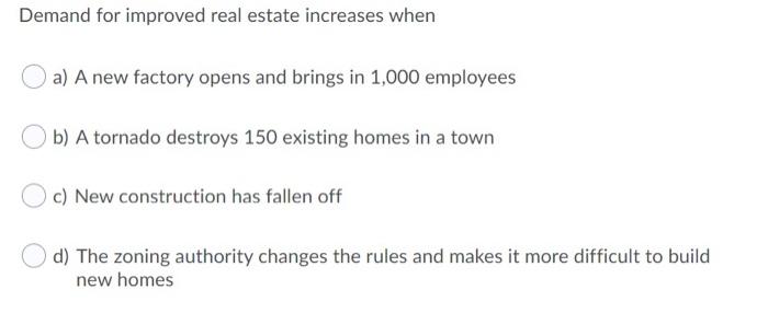  Demand for improved real estate increases when a) A new factory