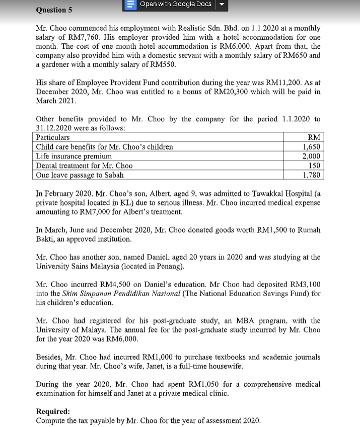 Open with Google Docs Question 5 Mr. Choo commenced his employment