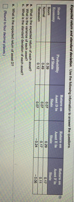  ted return and standard deviation. Use the following information to answer