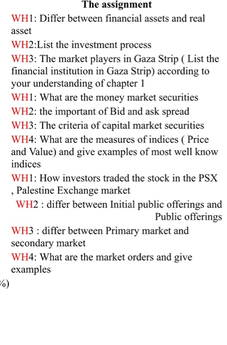  The assignment WH1: Differ between financial assets and real asset WH2:List
