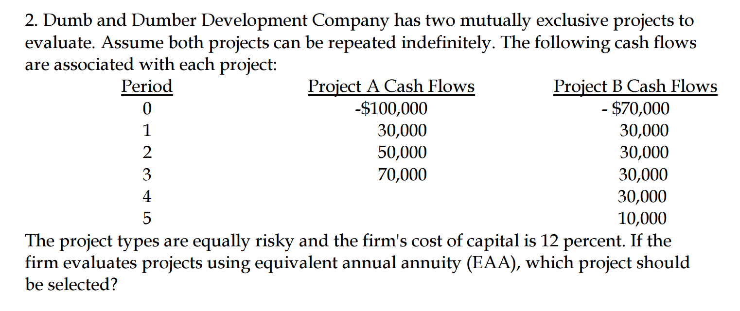  2. Dumb and Dumber Development Company has two mutually exclusive projects