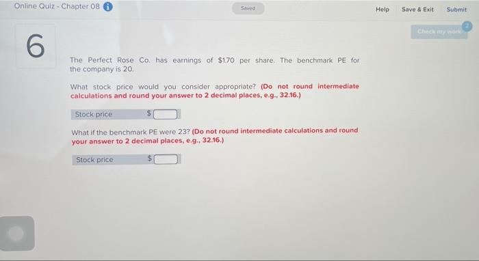  Online Quiz - Chapter 08 Saved Help Save & Exit Submit