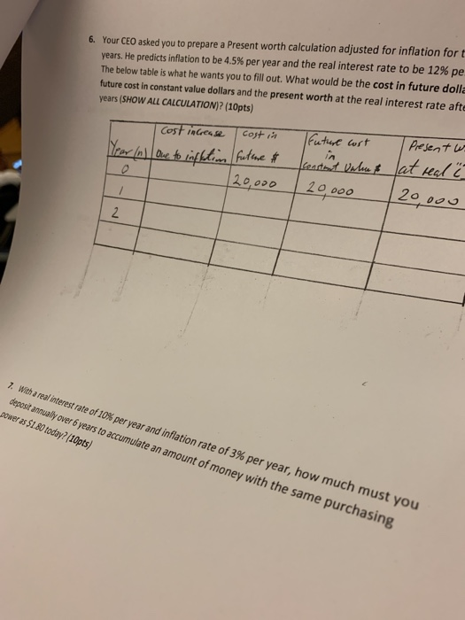  Your CEO asked you to prepare a Present worth calculation adjusted